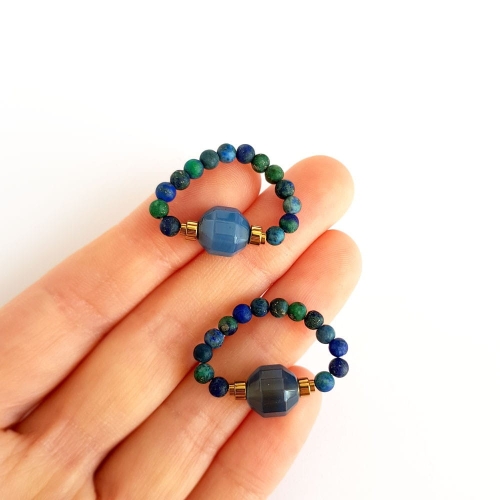 Pierścionek elastyczny niebieski agat, azuryt i hematyt Elegance blue