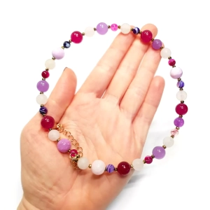 Bohemian naszyjnik choker unikat agat, marmurek, kwarc różowy, jadeit i hematyt