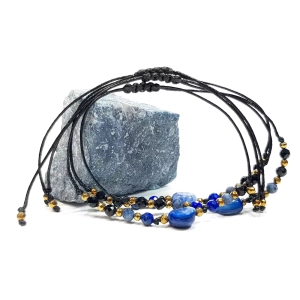 Bransoletka kyanit, lapis lazuli, dumortieryt, czarny turmalin i hematyt na czarnym sznurku