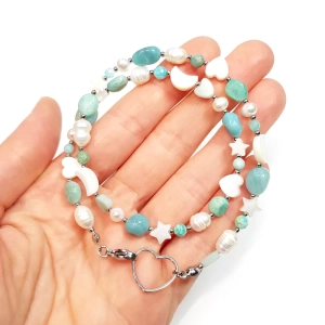 Naszyjnik choker amazonit, perły i masa perłowa