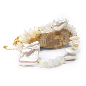 Naszyjnik unikat choker kamień księżycowy, masa perłowa i hematyt