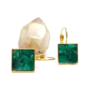 Kolczyki sztyfty kwadraty malachit w żywicy złota stal chirurgiczna Sparkles malachite