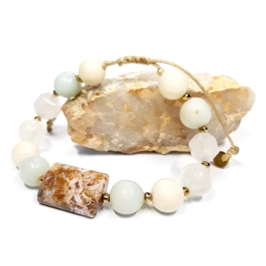 Pebbles x Bohemian damska bransoletka opal, amazonit, kamień rzeczny, kalcyt, kwarc różowy i hematyt