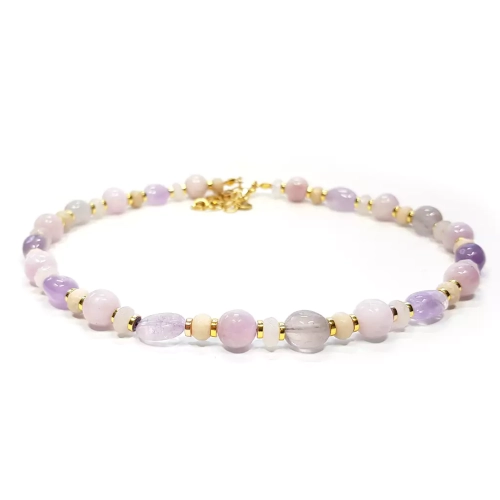 NAW1024 WEBP Naszyjnik unikat choker kunzyt, ametyst, kamień rzeczny, kwarc różowy i hematyt Magneska biżuteria 2.webp