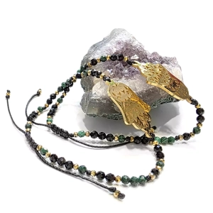 Bransoletka czary turmalin, malachit, hematyt i Hamsa na czarnym sznurku Fullness of Sacred Protection