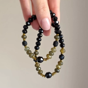 Bransoletka czarny turmalin, labradoryt, hematyt i szklane kryształki