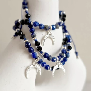Bransoletka lapis lazuli, czarny turmalin i lunula srebro p.925 na granatowym sznurku