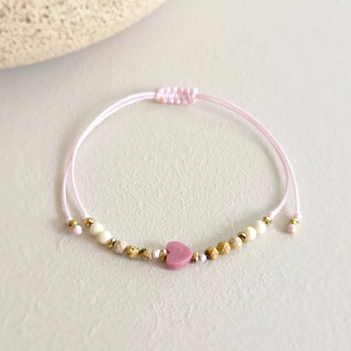 Bransoletka Równowaga z rodonitem, jaspisem pejzażowym, kamieniem rzecznym i hematytem na różowym sznurku z serduszkiem, ręcznie tworzona biżuteria z kamieni naturalnych magneska.mom