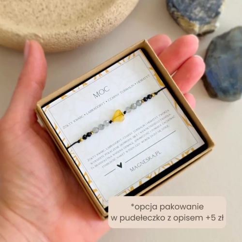 Bransoletka z kwarcem lemon w kształcie serduszka, labradorytem, czarnym turmalinem i hematytem na czarnym sznurku, ręcznie tworzona biżuteria z kamieni naturalnych w sklepie magneska.mom