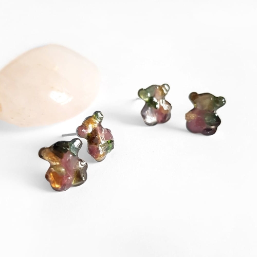 Kolczyki sztyfty misie turmalin w żywicy stal chirurgiczna Sparkles tourmaline