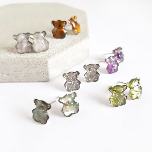 Kolczyki sztyfty misie turmalin w żywicy stal chirurgiczna Sparkles tourmaline