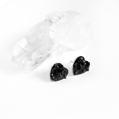 Kolczyki sztyfty serduszka czarny turmalin w żywicy stal chirurgiczna Sparkles black