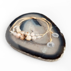 Bransoletka różowy opal, kwarc różowy, topaz i srebro p.925 na beżowym sznurku